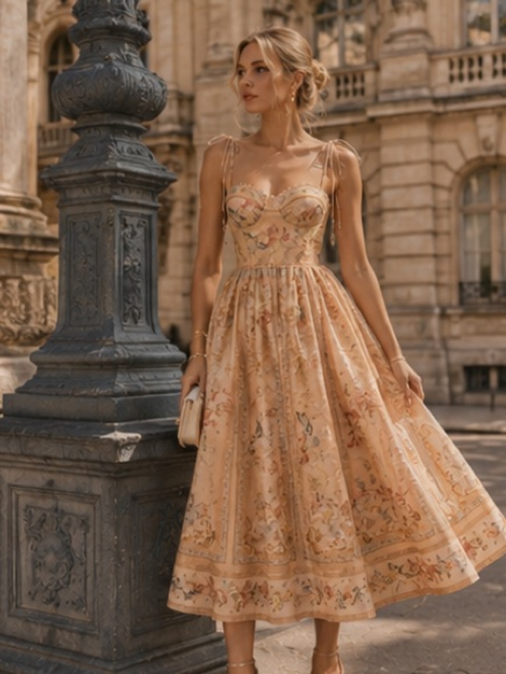 Zimmerman Elegant Peach Floral Midi Dress with Corset Bodice - Picture 7 of 11
